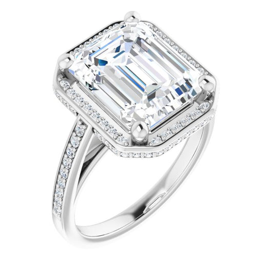 10K White Gold Customizable Cathedral-Halo Emerald/Radiant Cut Design with Under-halo & Shared Prong Band