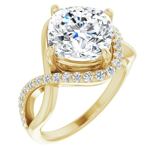 10K Yellow Gold Customizable Cushion Cut Design with Semi-Accented Twisting Infinity Bypass Split Band and Half-Halo