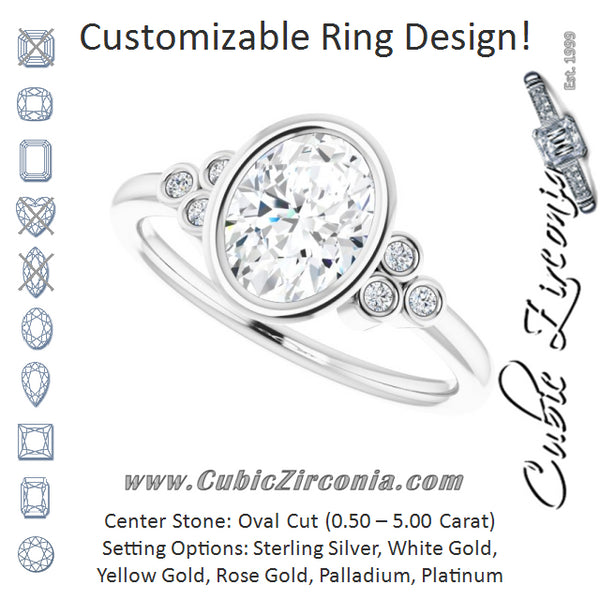 Cubic Zirconia Engagement Ring- The Kaipo (Customizable 7-stone Oval Cut Style with Triple Round-Bezel Accent Cluster Each Side)