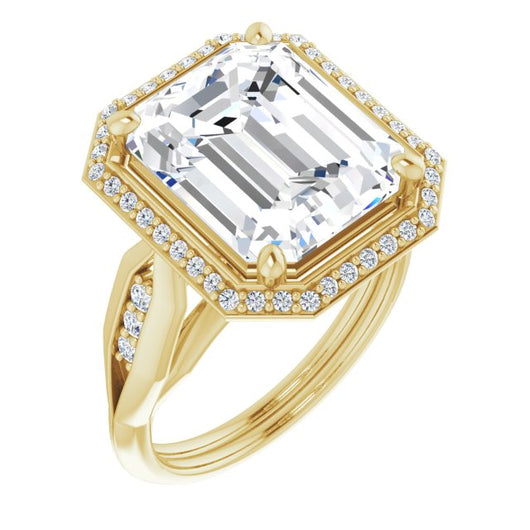 10K Yellow Gold Customizable Cathedral-raised Emerald/Radiant Cut Design with Halo and Tri-Cluster Band Accents