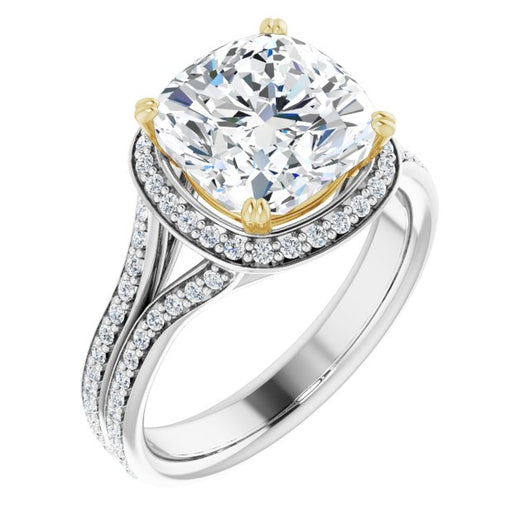 14K White & Yellow Gold Customizable Cathedral-set Cushion Cut Style with Split-Pav? Band