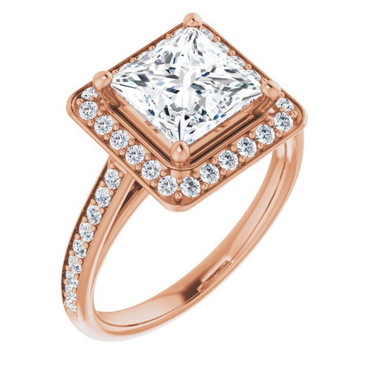 10K Rose Gold Customizable Cathedral-raised Princess/Square Cut Halo-and-Accented Band Design