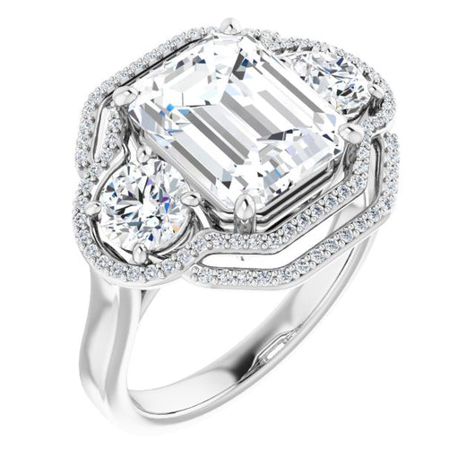 10K White Gold Customizable Cathedral-set Enhanced 3-stone Emerald/Radiant Cut Design with Multidirectional Halo