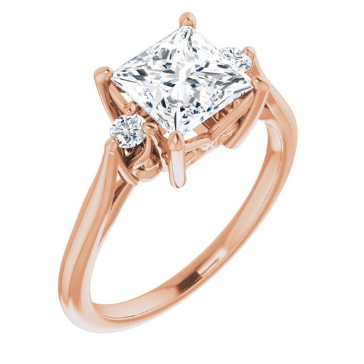 10K Rose Gold Customizable Three-stone Princess/Square Cut Design with Small Round Accents and Vintage Trellis/Basket