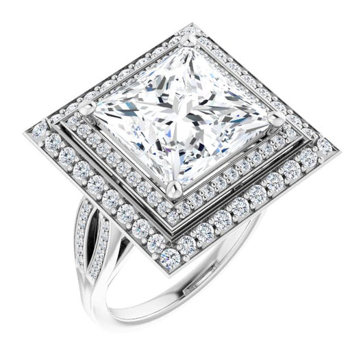 10K White Gold Customizable Cathedral-style Princess/Square Cut Design with Double Halo & Split-Pavé Band