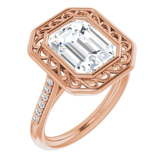 10K Rose Gold Customizable Cathedral-Bezel Emerald/Radiant Cut Design with Floral Filigree and Thin Shared Prong Band