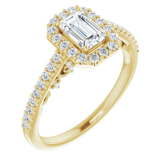 10K Yellow Gold Customizable Cathedral-Halo Emerald/Radiant Cut Design with Carved Metal Accent plus Pavé Band