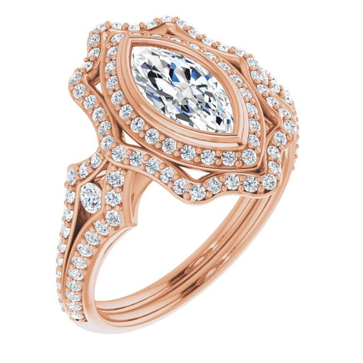 10K Rose Gold Customizable Marquise Cut Style with Ultra-wide Pavé Split-Band and Nature-Inspired Double Halo