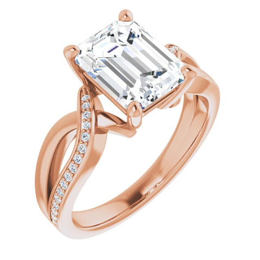 10K Rose Gold Customizable Emerald/Radiant Cut Center with Curving Split-Band featuring One Shared Prong Leg