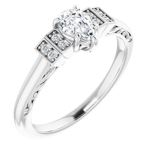 10K White Gold Customizable Engraved Design with Pear Cut Center and Perpendicular Band Accents