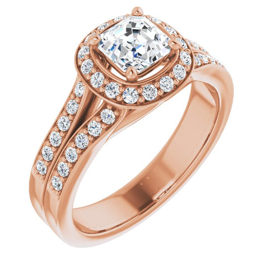 10K Rose Gold Customizable Asscher Cut Halo Style with Accented Split-Band