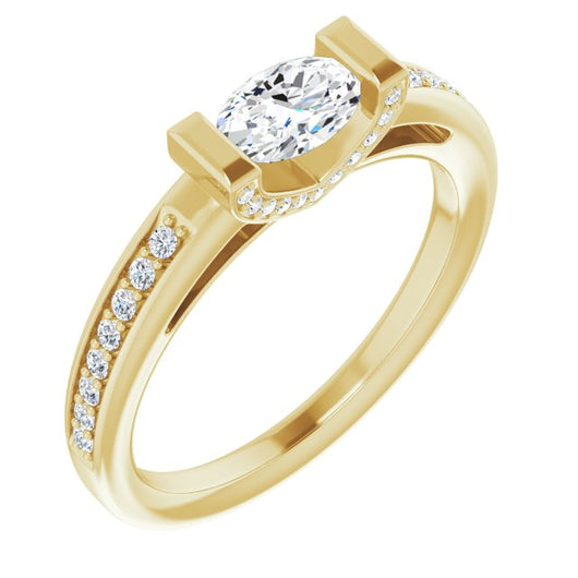 10K Yellow Gold Customizable Cathedral-Bar Oval Cut Design featuring Shared Prong Band and Prong Accents