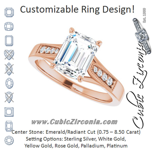 Cubic Zirconia Engagement Ring- The Ivana (Customizable 9-stone Vintage Design with Emerald Cut Center and Round Band Accents)