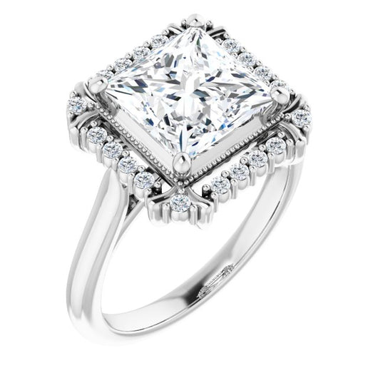 10K White Gold Customizable Princess/Square Cut Design with Majestic Crown Halo and Raised Illusion Setting