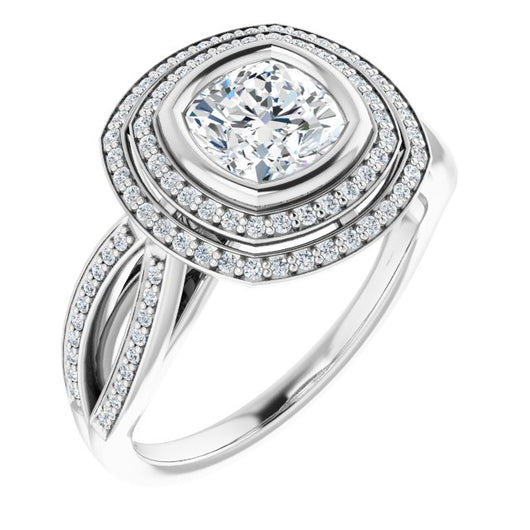 10K White Gold Customizable Bezel-set Cushion Cut Style with Double Halo and Split Shared Prong Band