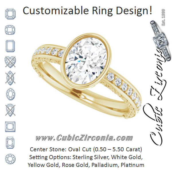 Cubic Zirconia Engagement Ring- The Araceli (Customizable Bezel-set Oval Cut Design with Cloud-pattern Band & Semi-Eternity Accents)