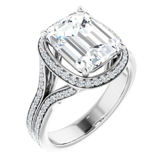 10K White Gold Customizable Cathedral-raised Emerald/Radiant Cut Setting with Halo and Shared Prong Band