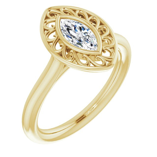 10K Yellow Gold Customizable Cathedral-Bezel Style Marquise Cut Solitaire with Flowery Filigree