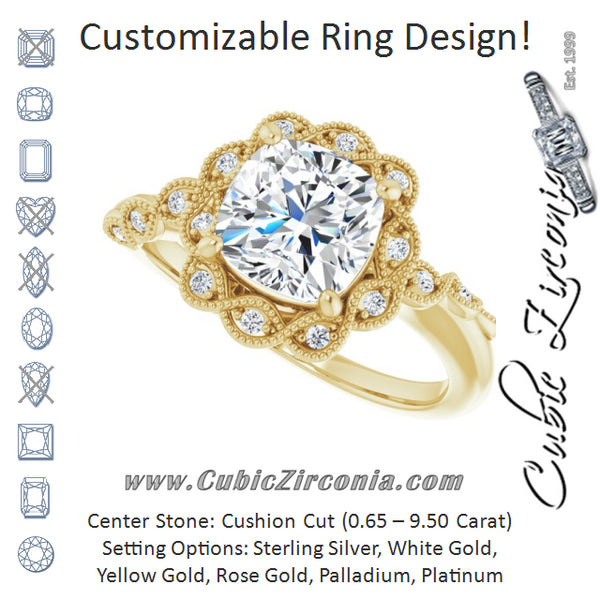 Cubic Zirconia Engagement Ring- The Makayla Belle (Customizable 3-stone Design with Cushion Cut Center and Halo Enhancement)