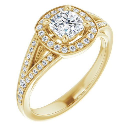 10K Yellow Gold Customizable Cathedral-Halo Cushion Cut Style featuring Split-Shared Prong Band