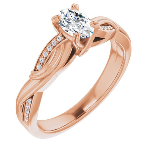 10K Rose Gold Customizable Cathedral-raised Oval Cut Design featuring Rope-Braided Half-Pavé Band