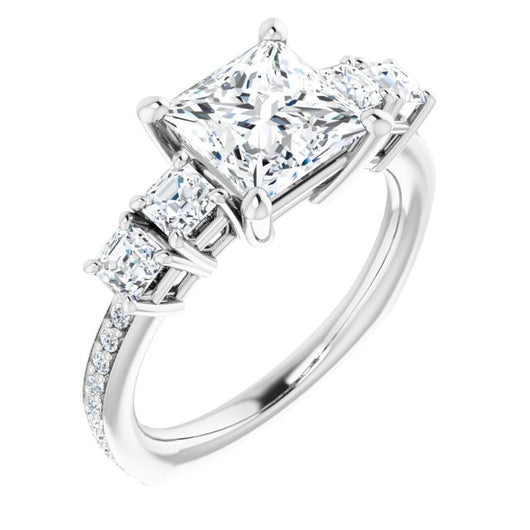 10K White Gold Customizable Princess/Square Cut 5-stone Style with Quad Princess/Square Accents plus Shared Prong Band