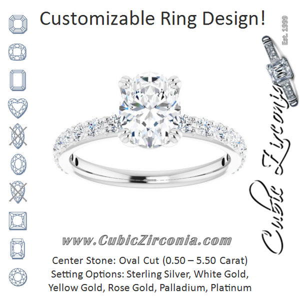 Cubic Zirconia Engagement Ring- The Chandita (Customizable Oval Cut Design with Large Round Cut 3/4 Band Accents)