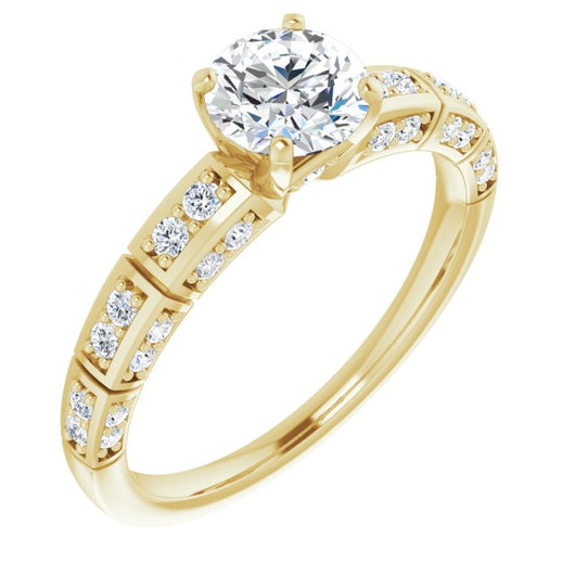 10K Yellow Gold Customizable Round Cut Style with Three-sided, Segmented Shared Prong Band