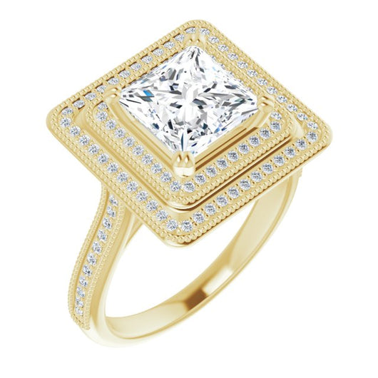 10K Yellow Gold Customizable Princess/Square Cut Design with Elegant Double Halo, Houndstooth Milgrain and Band-Channel Accents