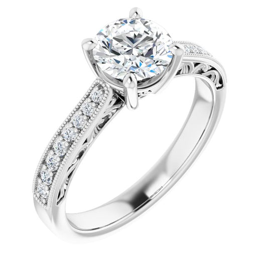 10K White Gold Customizable Round Cut Design with Round Band Accents and Three-sided Filigree Engraving