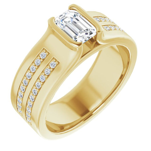 10K Yellow Gold Customizable Bezel-set Emerald/Radiant Cut Design with Thick Band featuring Double-Row Shared Prong Accents