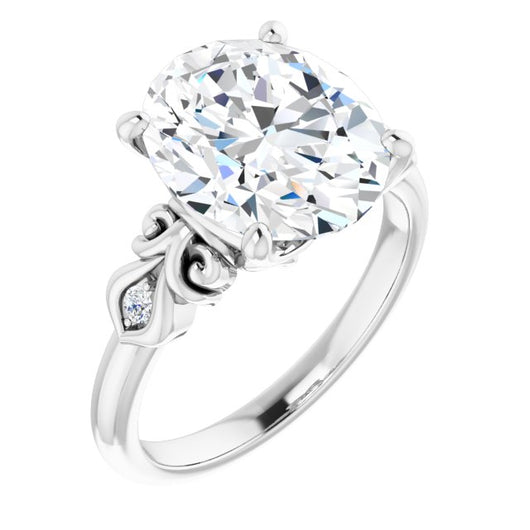 10K White Gold Customizable 3-stone Oval Cut Design with Small Round Accents and Filigree