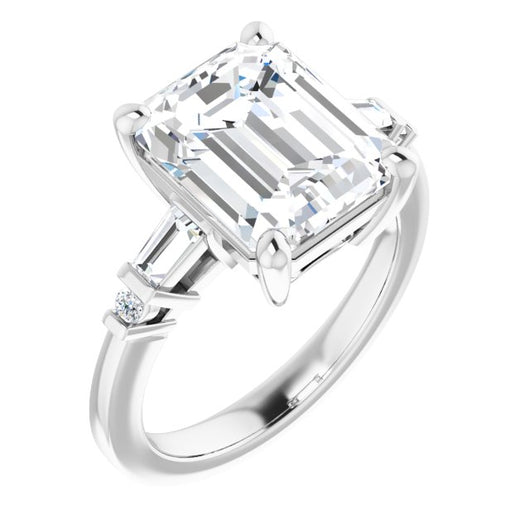 10K White Gold Customizable 5-stone Baguette+Round-Accented Emerald/Radiant Cut Design)