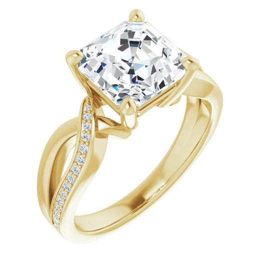 10K Yellow Gold Customizable Asscher Cut Center with Curving Split-Band featuring One Shared Prong Leg