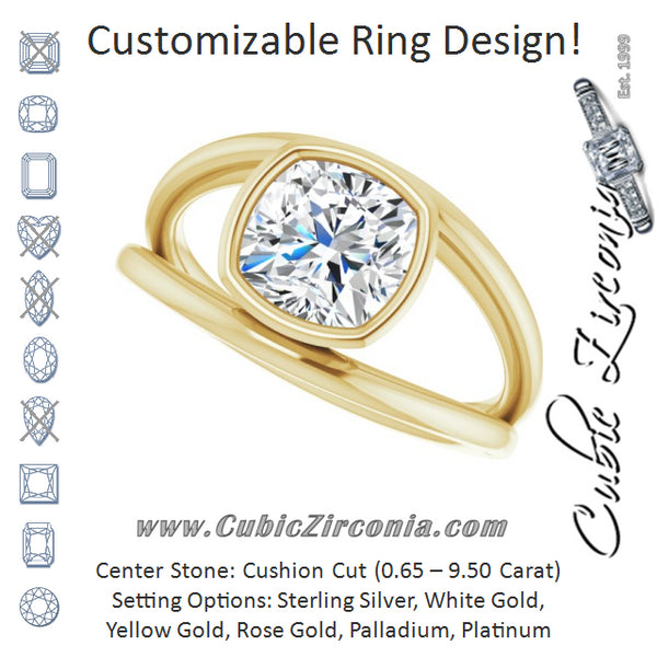 Cubic Zirconia Engagement Ring- The Philomena (Customizable Bezel-set Cushion Cut Style with Wide Tapered Split Band)