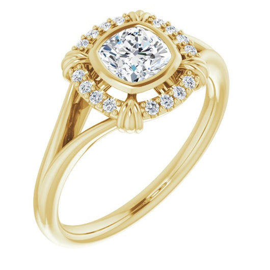 10K Yellow Gold Customizable Cushion Cut Design with Split Band and "Lion's Mane" Halo