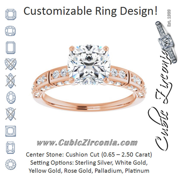 Cubic Zirconia Engagement Ring- The Anna (Customizable Cushion Cut Style with Three-sided, Segmented Shared Prong Band)