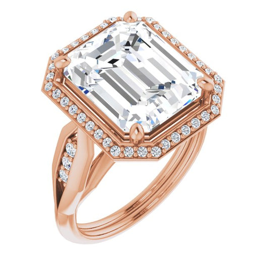 10K Rose Gold Customizable Cathedral-raised Emerald/Radiant Cut Design with Halo and Tri-Cluster Band Accents