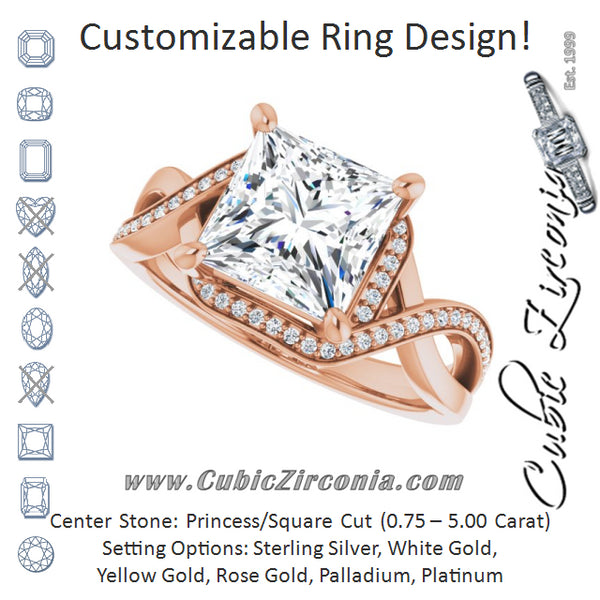 Cubic Zirconia Engagement Ring- The Ananya (Customizable Bypass-Halo-Accented Princess/Square Cut Center with Twisting Split Shared Prong Band)