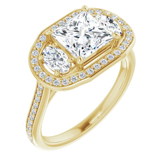 10K Yellow Gold Customizable Princess/Square Cut Style with Oval Cut Accents, 3-stone Halo & Thin Shared Prong Band