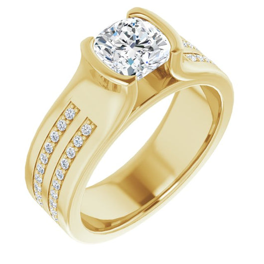 10K Yellow Gold Customizable Bezel-set Cushion Cut Design with Thick Band featuring Double-Row Shared Prong Accents