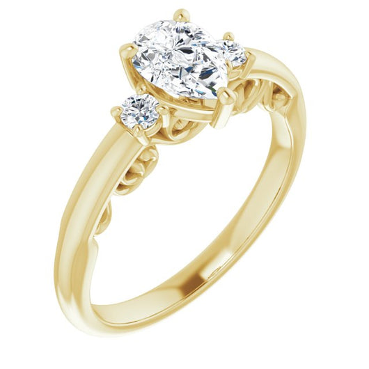 10K Yellow Gold Customizable Pear Cut 3-stone Style featuring Heart-Motif Band Enhancement