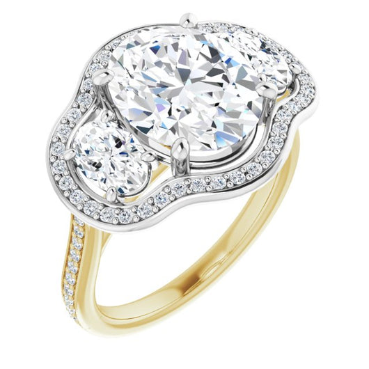 14K Yellow & White Gold Customizable Oval Cut Style with Oval Cut Accents, 3-stone Halo & Thin Shared Prong Band