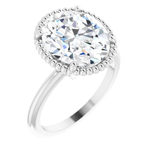 10K White Gold Customizable Oval Cut Solitaire with Beaded Metallic Milgrain