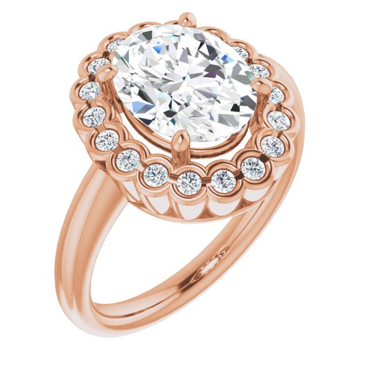 10K Rose Gold Customizable 13-stone Oval Cut Design with Floral-Halo Round Bezel Accents