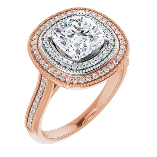 14K Rose & White Gold Customizable Cushion Cut Design with Elegant Double Halo, Houndstooth Milgrain and Band-Channel Accents