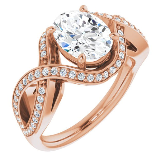 10K Rose Gold Customizable Oval Cut Design with Twisting, Infinity-Shared Prong Split Band and Bypass Semi-Halo