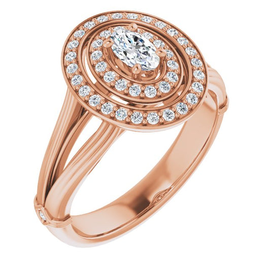 10K Rose Gold Customizable Cathedral-set Oval Cut Design with Double Halo, Wide Split Band and Side Knuckle Accents