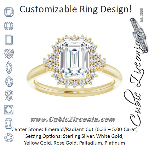 Cubic Zirconia Engagement Ring- The Winter (Customizable Emerald Cut Cathedral-Halo Design with Tri-Cluster Round Accents)