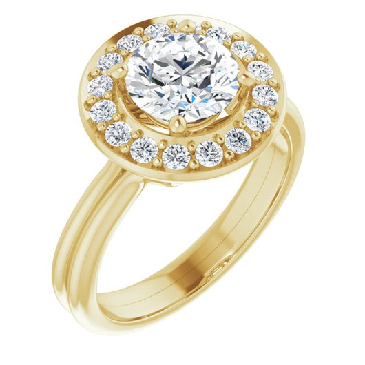 10K Yellow Gold Customizable Cluster-Halo Accented Round Cut Style with Tapered Dual Band